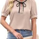 CiCiBird Womens Dressy Casual Blouses Elegant Business Work Tops Tie Front Puff Short Sleeve Shirt (Teal, M)