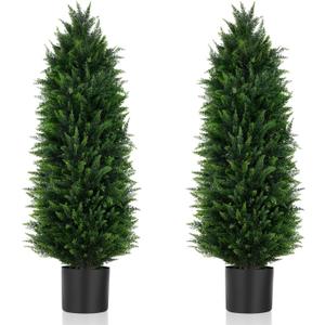 Yangrass 2Pack Artificial Topiary Cedar Trees, 4FT Artificial Cedar Pine Tree Potted UV Rated Plant Fake Plants Tall Artificial Plants Shrubs for Indoors Outdoors