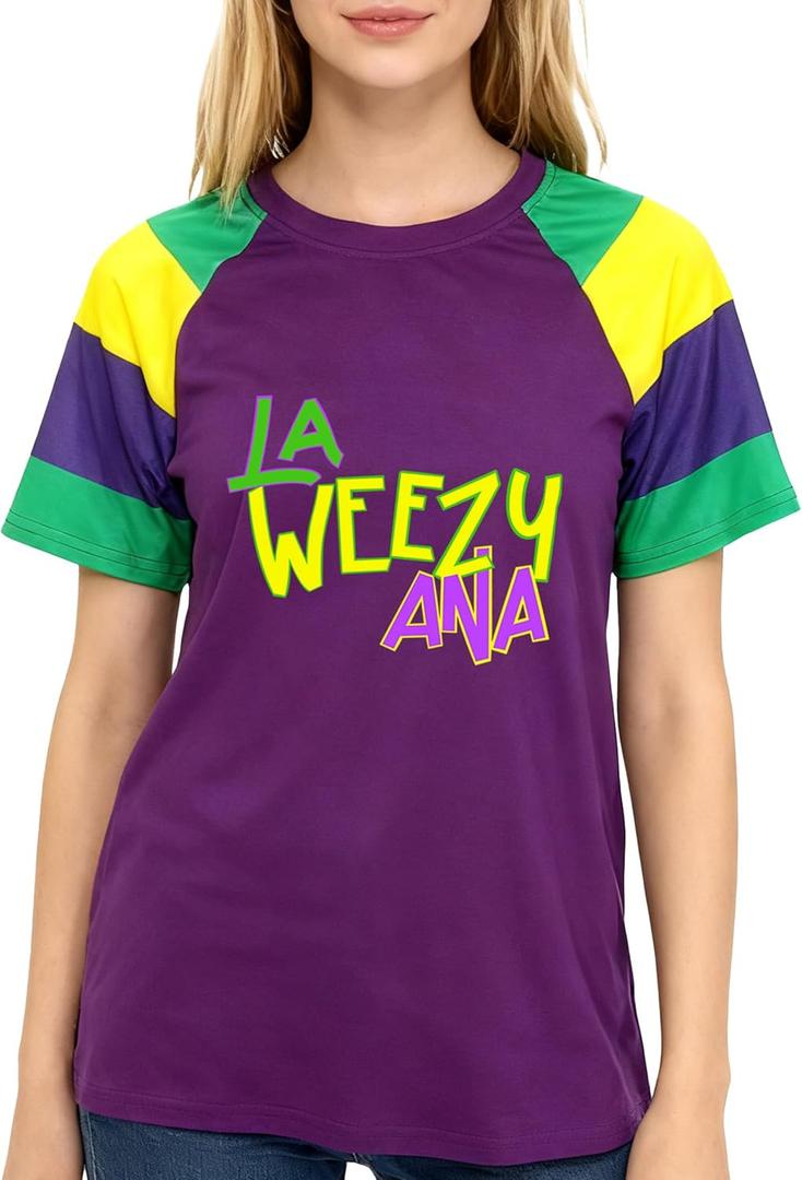 Fat Tuesday Shirt for Women La Weezy Ana T-Shirts New Orleans Carnival Tee Tops (Purple, S)