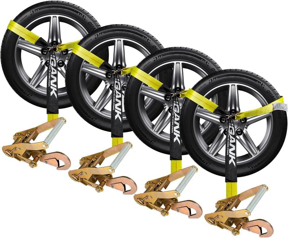 Car Tie Down with Snap Hooks- 4 Pack 2"x96" with 3,300lb Safe Working Load - Adjustable Straps with Snap Hooks Tire Straps for a Car Trailer (Yellow)