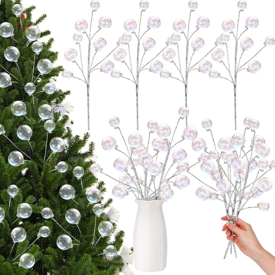 4 Pcs 14.96 Inches Iridescent Valentine's Day Tree Picks Iridescent Ball Ornaments Sticks Picks Garland for Wreath DIY Crafts Vase Filler Branches Tree Topper Home Stairs Decoration