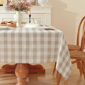 gillhov Checkered Tablecloth Rectangle Washable Buffalo Plaid Table Cloth Cotton Linen Gingham Table Cover for Picnic Kitchen Dining Room, Beige and White, 55 * 70