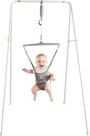 Jolly Jumper Classic (Grey) with Stand - Original Baby Jumper, Indoor and Outdoor Exercise Saddle Seat, Adjustable Height, for Infants up to 28lbs
