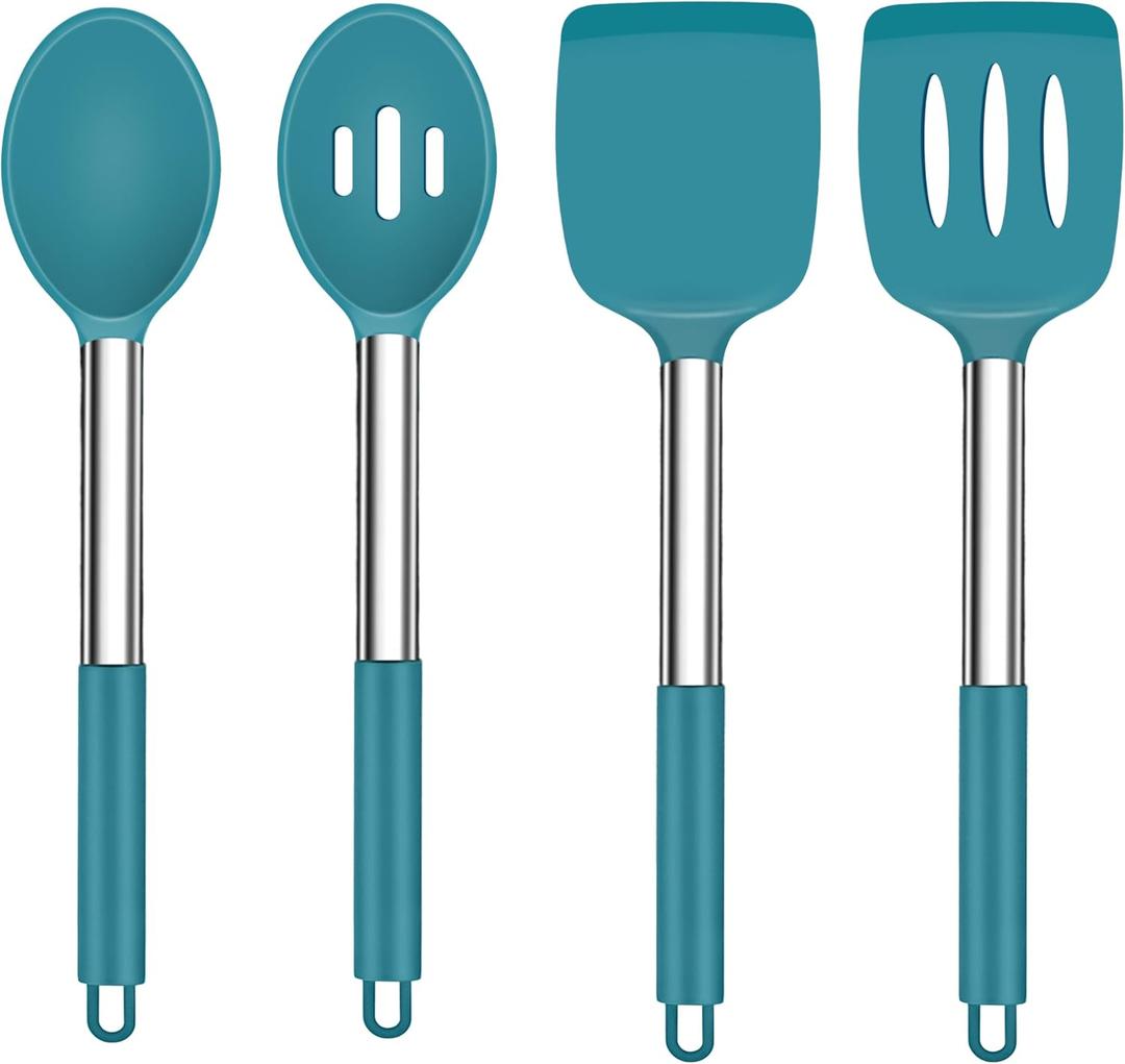 TeamFar Cooking Utensils Set, 4PCS Heatproof Silicone Utensil Kitchen Tools with Stainless Steel Handle, for Non-stick Cookware Flipping Frying Draining, Nontoxic & Non scratch, Easy Clean - Navy Blue