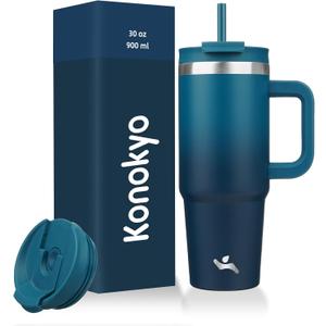 30 oz Tumbler with Handle and 2 Straws,2 in 1 Lid Insulated Water Bottle Stainless Steel Travel Coffee Mug,Indigo Black
