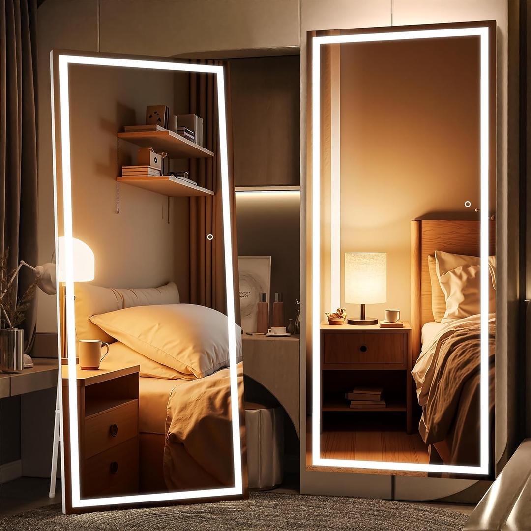 Full Length Mirror with Lights, 79" x 32" Large LED Lighted Floor Standing Body Mirror, Dimmable & 3 Color Lighting for Bedroom, Cloakroom, Dressing Room, Tempered Glass, Square White
