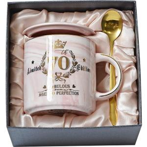 70th Birthday Gifts for Women - Aged to Perfection Coffee Mug - Unique Birthday Present for Grandma Mum Wife Girl Friend Sister - Pink Marble Mug for Coffee Lovers 14Oz Tea Cup Gift Boxed