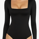 Women's Square Neck Short Sleeve Long Sleeve Bodysuit Sexy Body Suits Shirt Slim Fitted Tops,Black, L