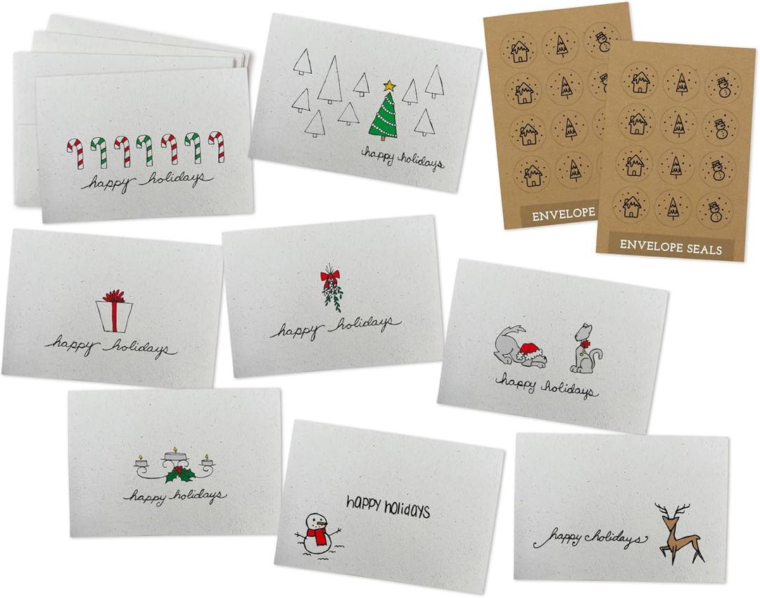 Happy Holidays Greeting Card/Gift Tag Collection - 24 Cards with Envelopes with Kraft Seals