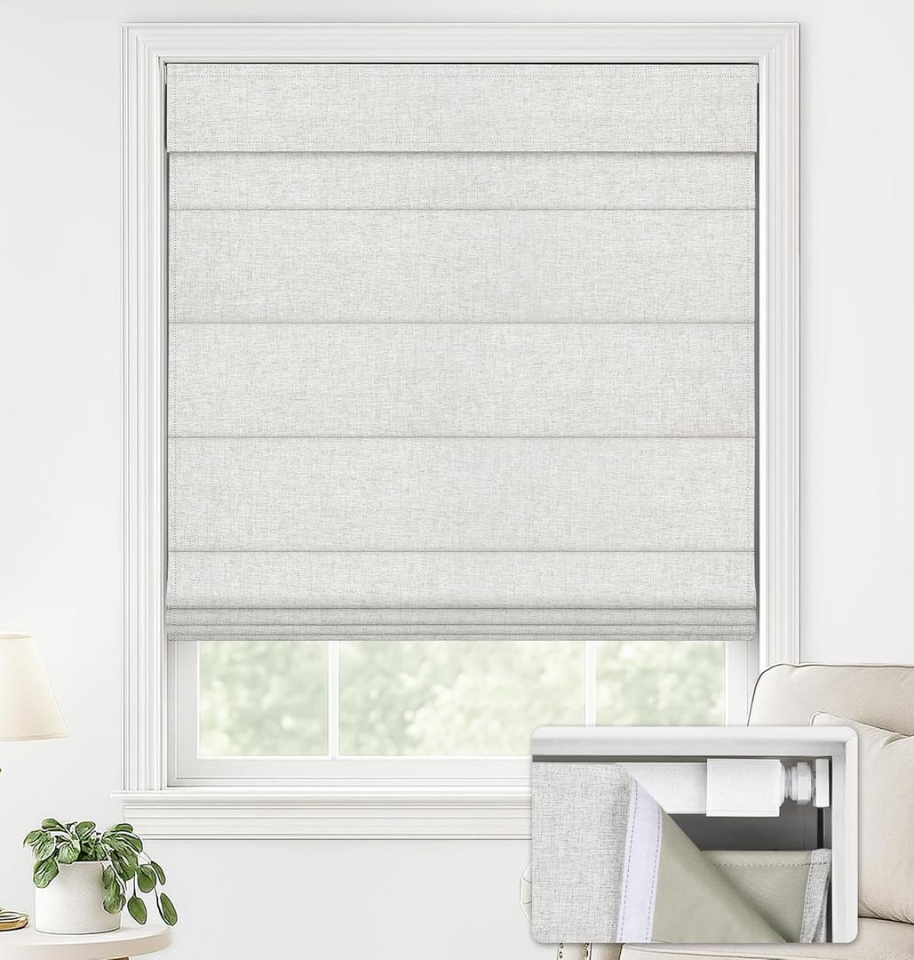 LazBlinds No Drill Roman Shades for Windows, Cordless Blackout Window Shades with UV Protection, Polyester Fabric for Bedroom & Living Room, 33" W x 64" H, Natural