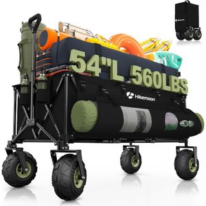 Hikemoon 400L Collapsible Beach Wagon with 10" Big Balloon Wheels for Sand, 54" Long Extra Large Wagons Carts Foldable, All Terrain Tires & 560LBS Heavy Duty, Utility Folding Cart for Outdoors, Black