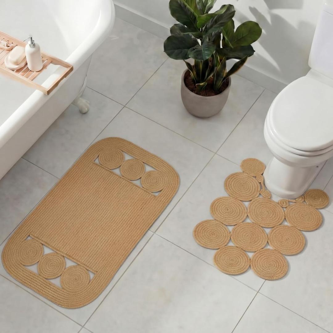 WILLBOND Bathroom Rug Sets 2 Piece Boho Jute Bath Mat Handmade Washable Toilet Rug U-Shaped Double Sided Woven Boho Bathroom Decor, 23.6" x 15.7" Plus 31.5" x 20"