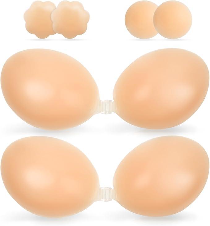 2 Pairs Strapless Sticky Adhesive Bra Invisible Push up Reusable Silicone Off Backless Viscous for Women Dress Nude+nude, F