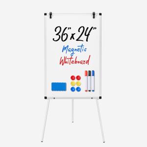 DUMOS Magnetic White Board Easel 36"x24", Silver Aluminium Frame & White | 36"x24" magnetic dry erase. Height 28"-48" for adults & kids. Foldable for classroom. Includes tray & 2 magnets.