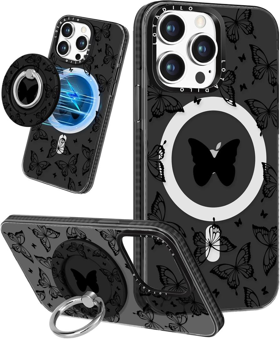for iPhone 14 Pro Case for Women - Girls Kawaii Design Compatible with Magsafe Magnetic Ring Holder Stand Black Butterfly Phone Covers Aesthetic Girly TPU Funda for 14 Pro