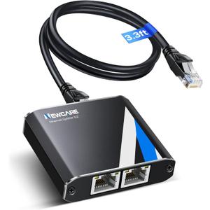 Gigabit Ethernet Splitter 1 to 2 High Speed 1000Mbps with 3.3ft LAN Cable, NEWCARE 1 in 2 Out Dual RJ45 Port Internet Splitter for Cat5/5e/6/7/8, Plug and Play, 2 Devices Simultaneously Networking (Black)