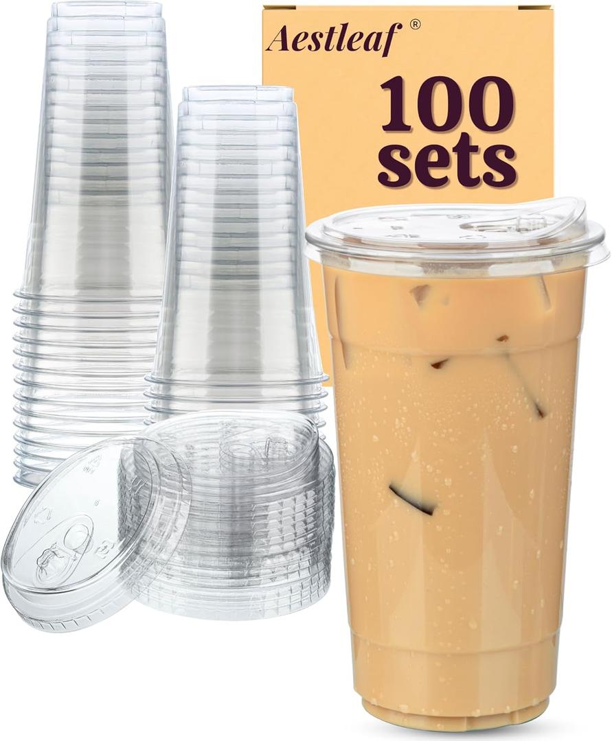 100 Pack 32 oz Clear Plastic Cups with Lids, Disposable Plastic Iced Coffee Cups with Strawless Sip-Lids, To Go Coffee Cup for Smoothie, Milkshake, Cold Drinks