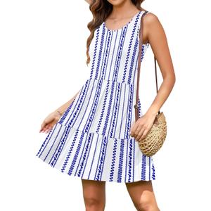 AUSELILY Womens Summer Dress Casual Sleeveless Crewneck T Shirt Sundress Flowy Tiered Swing Mini Dresses (Blue, L)