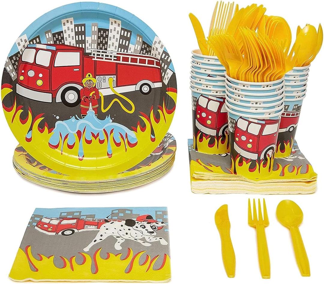 BLUE PANDA - Firetruck Birthday Party Decorations, Paper Plates, Napkins, Cups and Plastic Cutlery (Serves 24, 144 Pieces) - Fire Truck Plates - Fire Truck - Party Decoration - Birthday Supplies