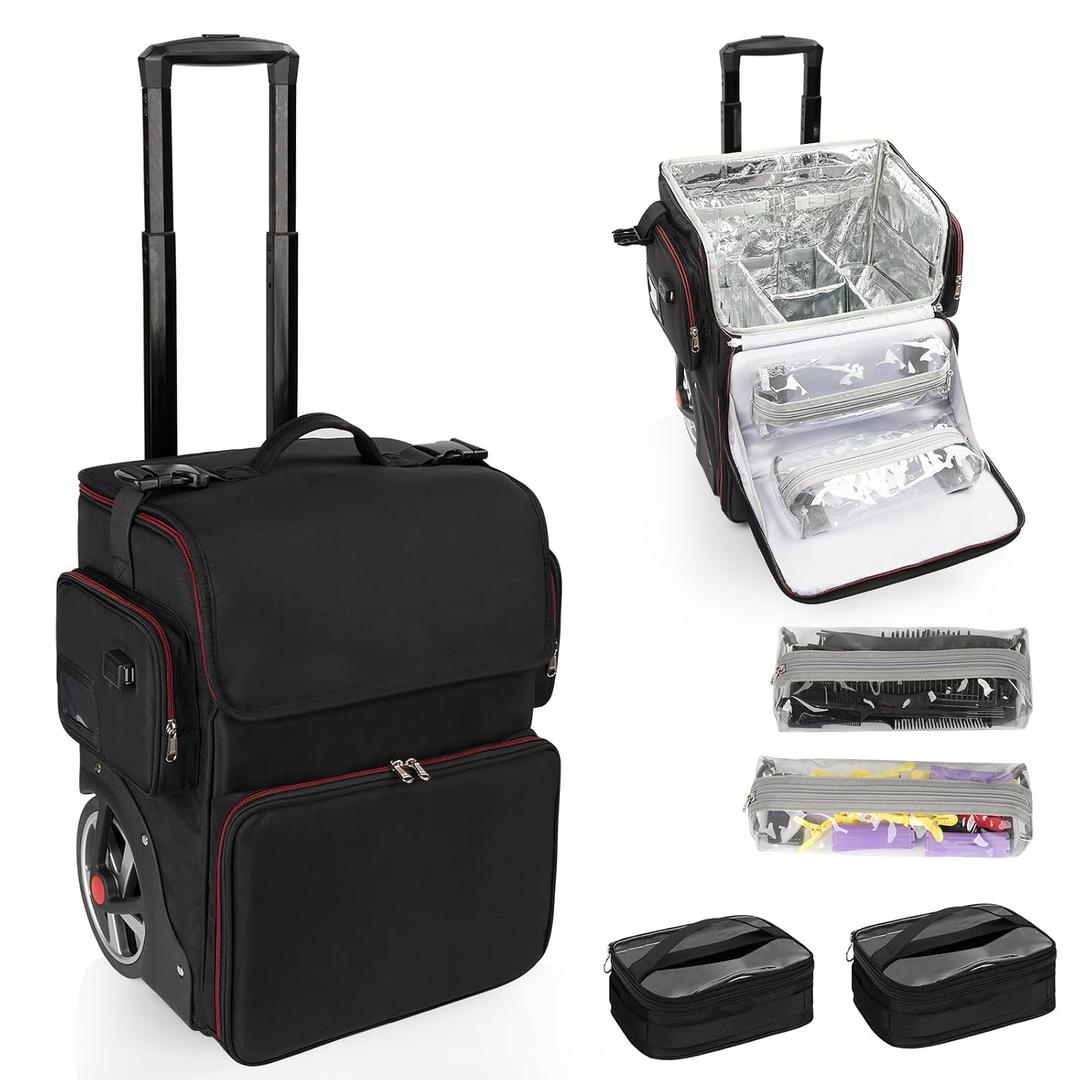 Large Makeup Train Case,Cosmetic Makeup Case for Hairstylist, Hairdresser Bag with Detachable Pouch,Heat Insulation and Anti-scalding Full layer for Hairdressing Tool Organizer Trolley with wheels