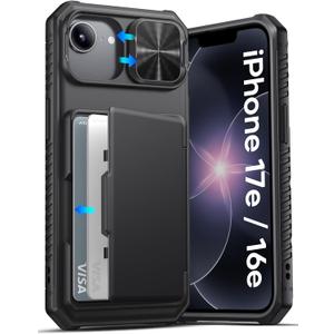 ATATOO for iPhone 17e & 16e Case Wallet, Built-in Card Holder (3-5 Cards) [RFID Blocking] & Slide Camera Cover, Military Grade Protection, Rugged Silicone Phone Case for iPhone 17e/16e 6.1", Black