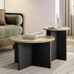 Round Nesting Coffee Table, 2 Piece Modern Home Decor, Solid Wood Base and Wood Burl Top (Blackened & Burl) - Burl Veneer Round Coffee Table for Living Room