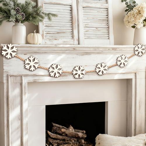 AceOrbit White Snowflake Wood Christmas Garland, 6.5ft Rustic Snowflake Chain with Wooden Bead Winter Hanging Decorations for Mantle Wall Window Door Home Christmas Tree Decor Holiday Crafts