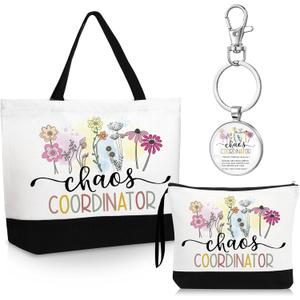 Kacctyen Employee Thank You Gifts Sets Canvas Tote Bag Makeup Cosmetic Bag Appreciation Keychains for Coworker Staff Women(Chaos)