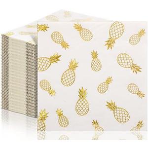 Outus 100 Pcs Pineapple Cocktail Napkins Paper 5 x 5 Inch Summer Tropical Luau Pineapple Party Decorations Disposable Stamping Pattern Napkins for Beverage Hawaiian Party (Gold)