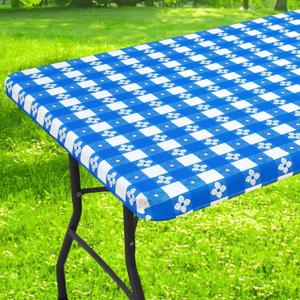 Rectangle Vinyl Table Cloth, Waterproof Elastic Fitted Tablecloth with Flannel Backing, Plastic Table Cover for Picnic, Camping, Outdoor (Blue & White, 30"x72")