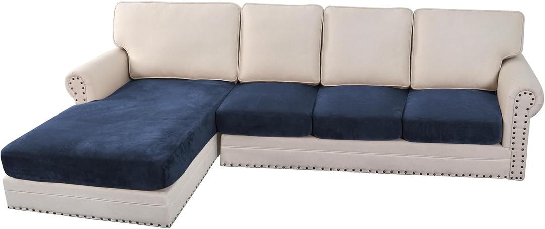 H.VERSAILTEX Velvet Stretch Sectional Couch Covers 4 Pieces Sofa Seat Cushion Covers L Shape Separate Cushion Couch Chaise Cover for Both Left/Right Couch (Large Sofa 3 Seater + 1 Chaise, Navy)