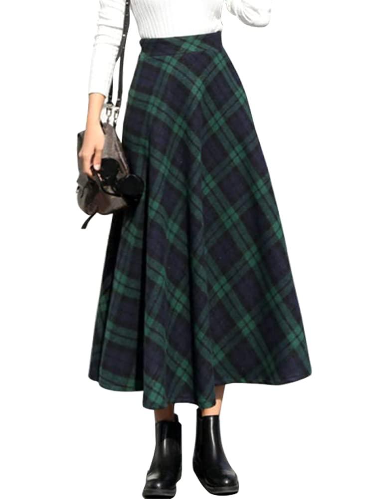 IDEALSANXUN Womens Plaid Wool Skirts Elastic Waist A-Line Pleated Tartan Long Skirts S