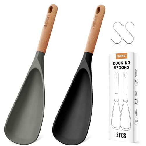 FINENUT 2-Pack Silicone Cooking Spoons with Wood Handle & S-Hooks - Heat Resistant 446°F Spoonula for Nonstick Cookware - BPA Free Multifunction Spatula Spoon for Mixing, Scooping&Serving (Black&Gray)