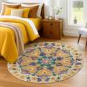 6ft Round Area Rug - Washable Low Pile Circular Rug, Non-Slip Lightweight Indoor Rug for Bedroom, Living Room, Nursery, Office & Dorm | Soft Boho Design for Family, Pet Owners, Renters (round 6ft) (Yellow/Purple/Green)