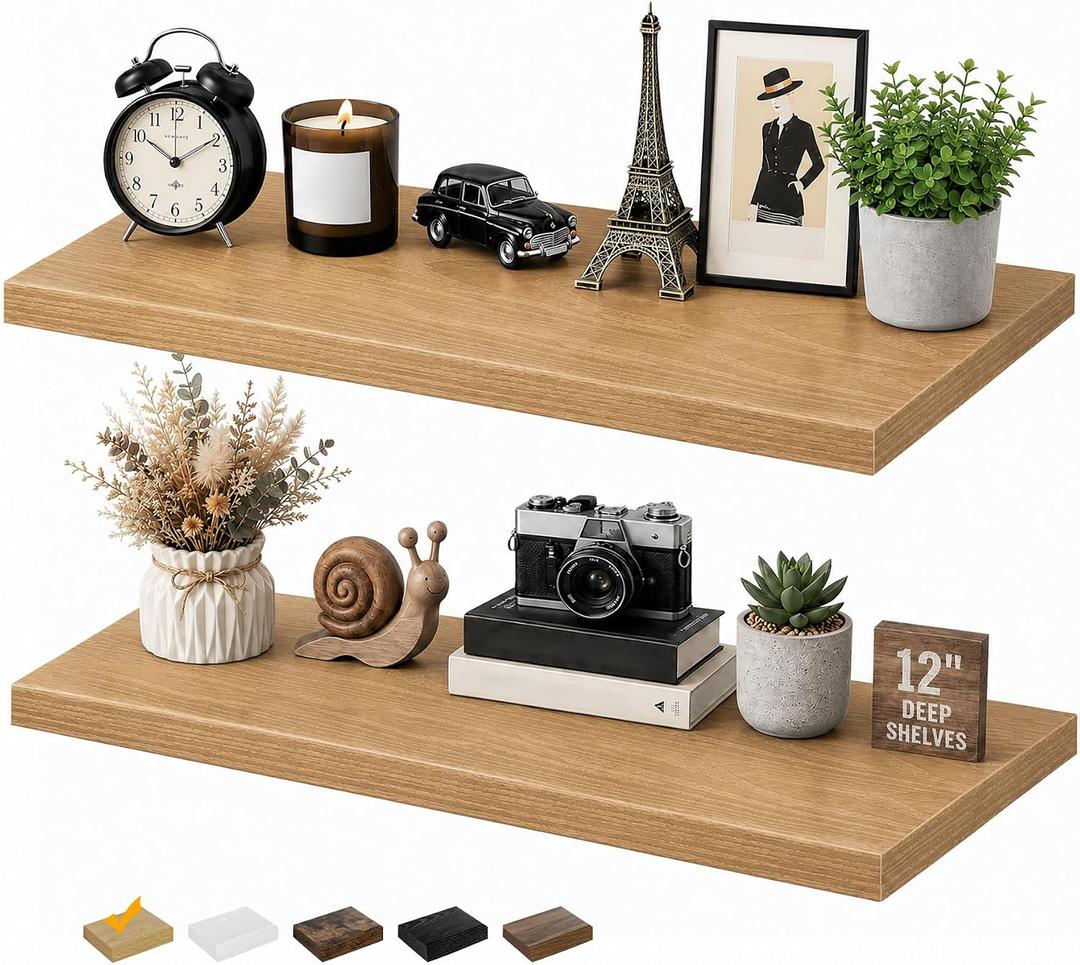 RICHER HOUSE 12 Inch Deep Floating Shelves, 36 Inch Long Wall Shelf, Oak