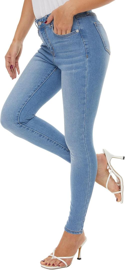 LICTZNEE Women's Skinny Jeans Mid Rise, Stretch Denim Slim Fit Leg Elastic Waist Pants with Pockets, Light Blue, Size 4