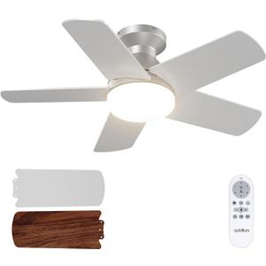 addlon Ceiling Fans with Lights, 32 inch Low Profile Ceiling Fan with Light and Remote Control, Flush Mount, Reversible, 3CCT, Dimmable, Quiet, Silver Small Ceiling Fan for Bedroom Indoor/Outdoor Use