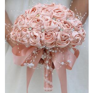 Bridal Wedding Bouquet Round Bling Brooch Bouquet Throw Toss Artificial Rose Flower Bunch for Bride Bridesmaid Wedding Quinceanera(Peach Pink, 7.5") (Small (Dia. 7.5"/19cm))