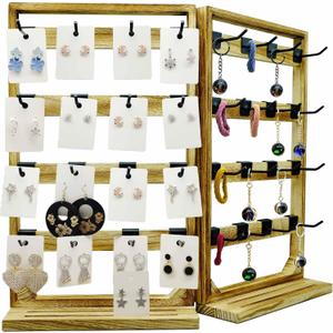 Wooden Foldable Jewelry Display Stand with Removable 32 Hooks, Earring Cards necklace bracelet Keychain Showcase Cascading Merchandise Organizer For Selling For vendor events