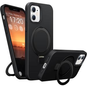 Soft Liquid Silicone Case for iPhone 12/12 Pro with Magnetic Invisible Stand, Military Grade Shockproof Protection, Anti-Scratch Microfiber Lining Covers for iPhone 12/12 Pro, Black