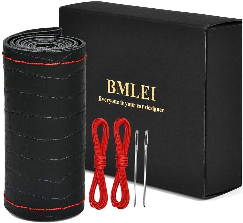 Steering Wheel Cover Universal 15 Inch with Top Genuine Leather, Anti-Slip Design, Soft Padding, Stitch on Wrap (red line)