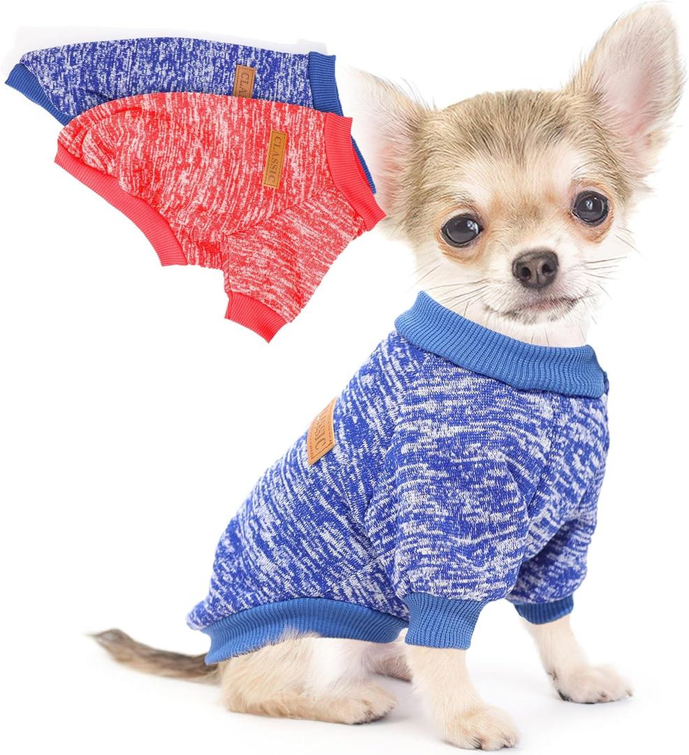 2 Pieces Dog Sweaters for Small Dogs Dog Clothes Female Winter Fleece Puppy Sweaters Warm Pet Outfit for Yorkie, Chihuahua, Bulldog, Dachshund, Pug (Large, Red+Blue)