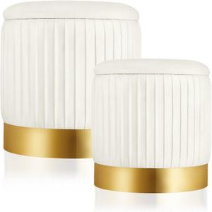 Barydat 2 Pcs Round Ottoman with Storage White Velvet Storage Ottoman Stool with Removable Lid Gold Base for Dorm Living Room Bedroom