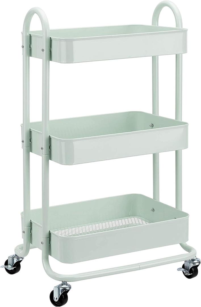 Amazon Basics 3-Tier Metal Rolling Utility Cart, Storage Organizer, Multi-Functional Kitchen Island Cart, Portable Shelving Unit with Caster Wheels, Mint Green