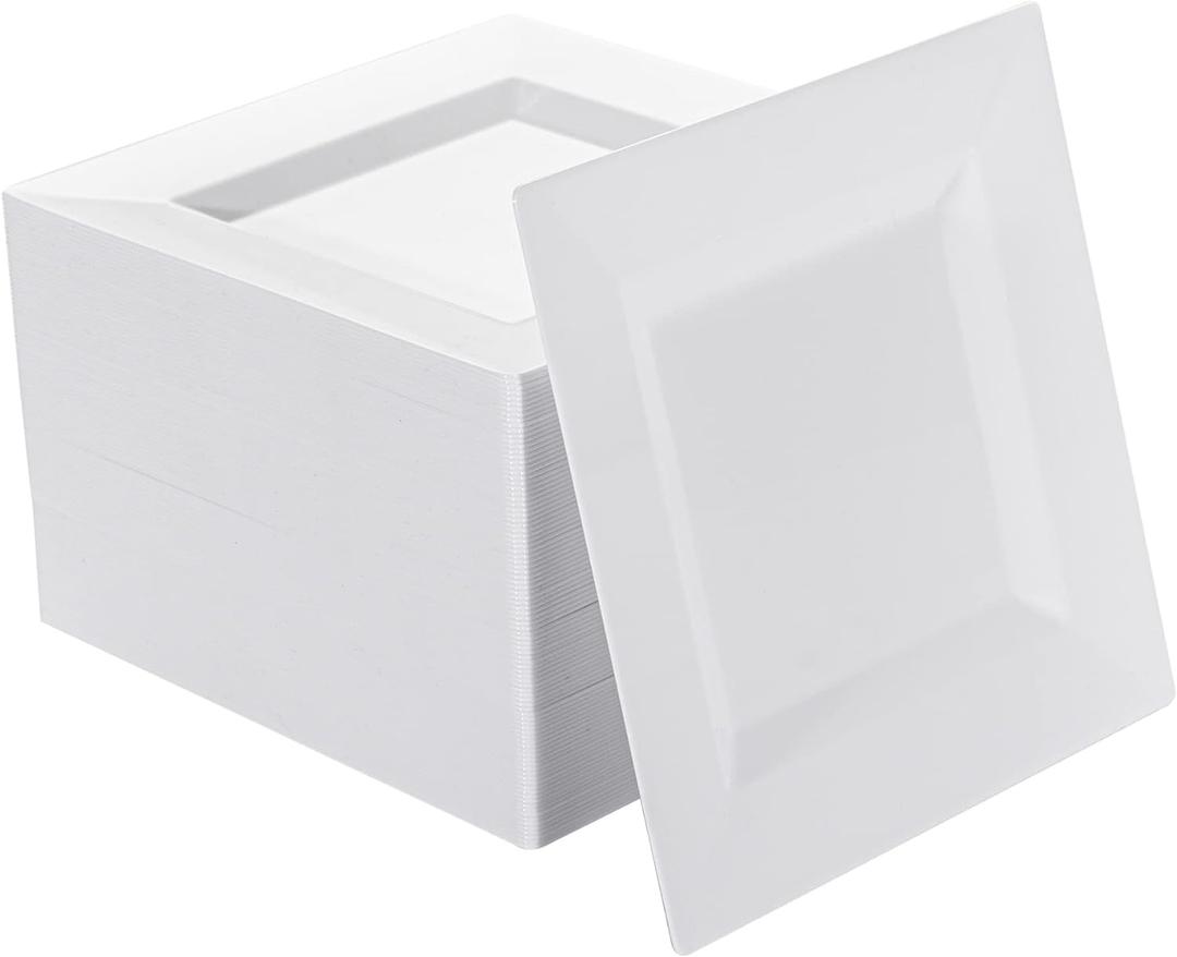 100 Pack White Plastic Square Dessert Plates, 6.5" Disposable Salad Plates Heavy Duty Plates for Party, Wedding, Christmas, Easter