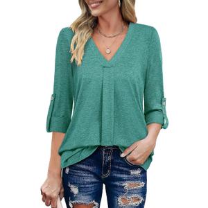 Bulotus Womens 3/4 Sleeve Tops and Blouses, V Neck Tunic Tops to Wear with Leggings Elegant Fall Blouses for Women Business Casual Trendy V Neck Work Shirts for Office Professional Tops, Cyan, Size: XL
