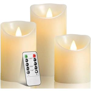 Flameless Battery Operated LED Candles with10key Button Remote Control 24-Hour Timer Set of 3 Electric Flickering Pillar Real WaxWedding, Party, Christmas and Home Decoration