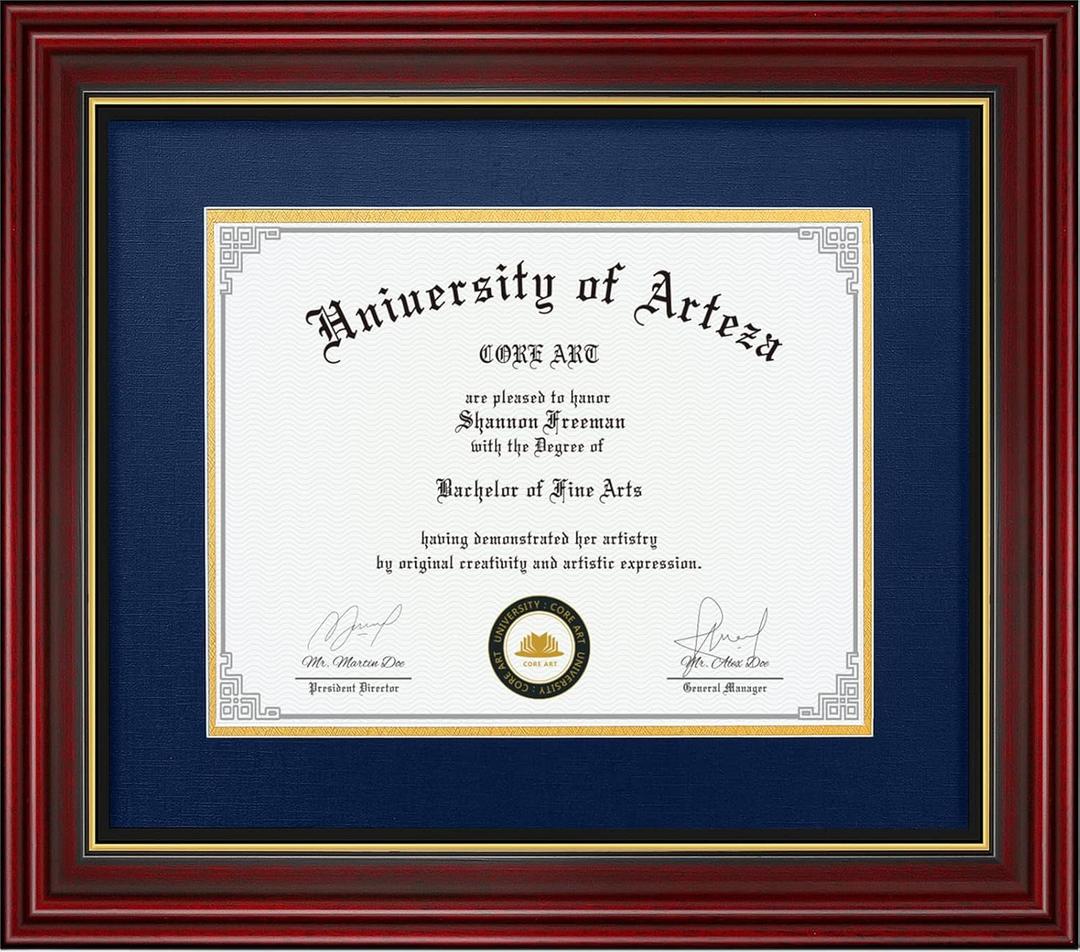 CORE ART Diploma Frame Display 11x14 Documents with Mat or 15x18 Pictures without Mat, Real Wood Wall Frame with Tempered Glass(Cherry Red) (15x18 for 11x14, Cherry Red - Navy)