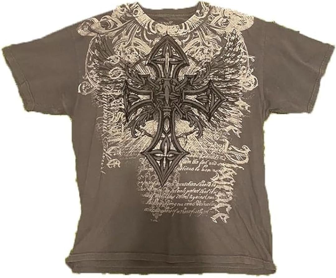 Men's Y2K Vintage T-Shirt Gothic Cross Graphic Print T-Shirt Round Neck Short Sleeve Tops (X-Large, Brown)