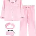 EPLAZA Kids Satin Pajamas Sets Girls Boys Button-Down Silky Pajamas Sleepwear with Hairband Eye Mask Hair Tie (11-12 Years, Pink)